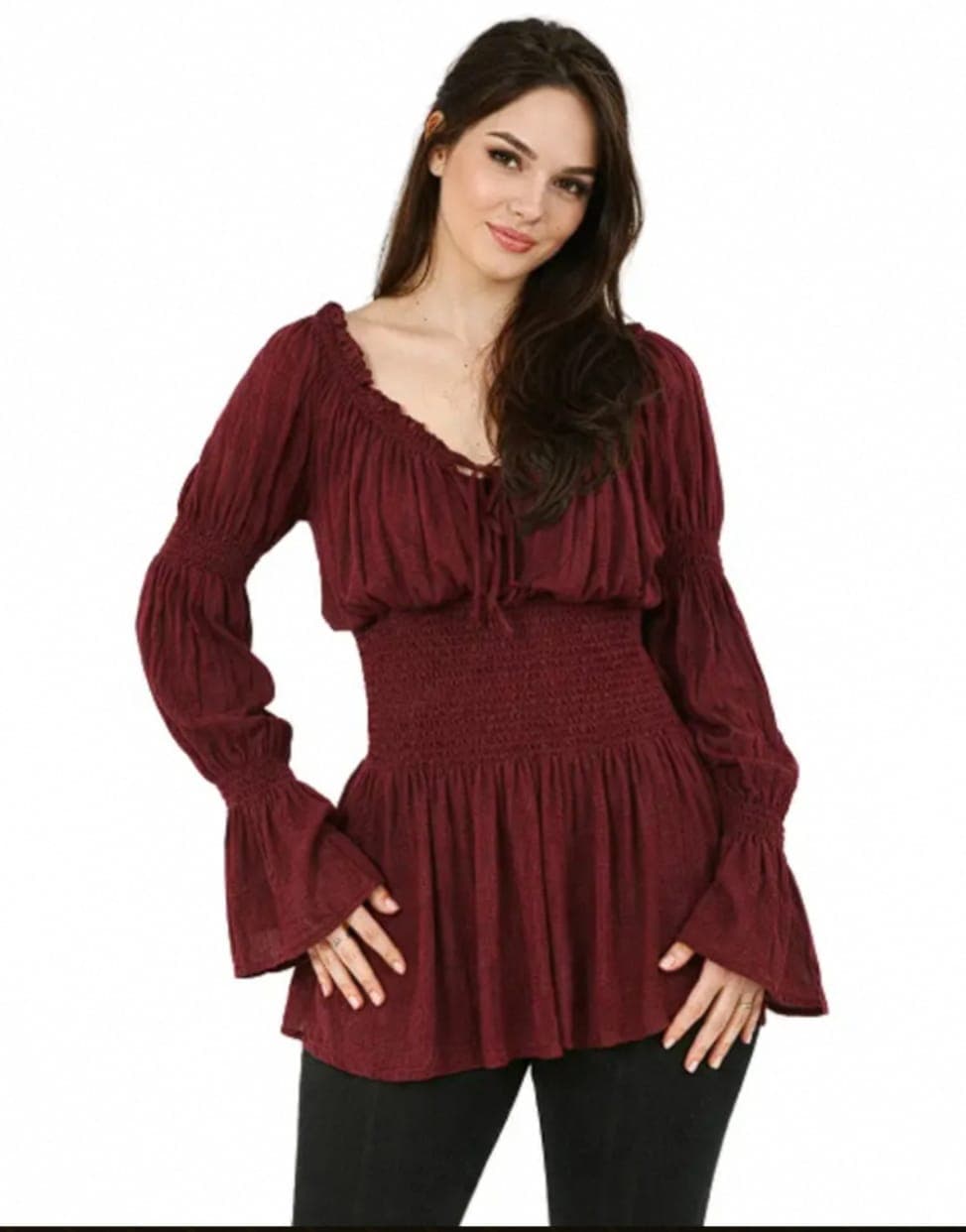 Women's Burgundy Smocked Peplum Blouse — Blouses by Magic Clothing Circle